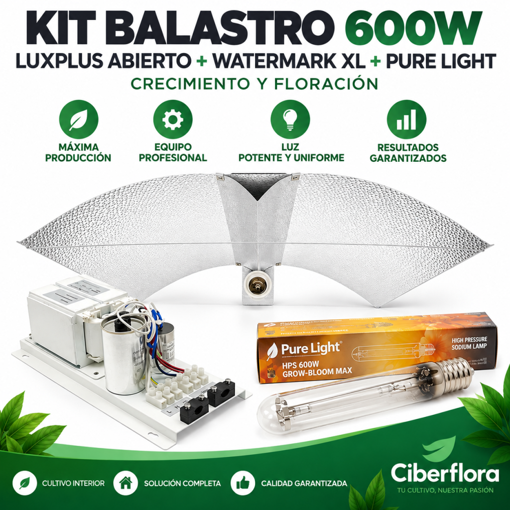 KIT BALASTRO 600W LUXPLUS ABIERTO + REFLECTOR WATERMARK XL + PURE LIGHT GROW BLOOM MAX 600W