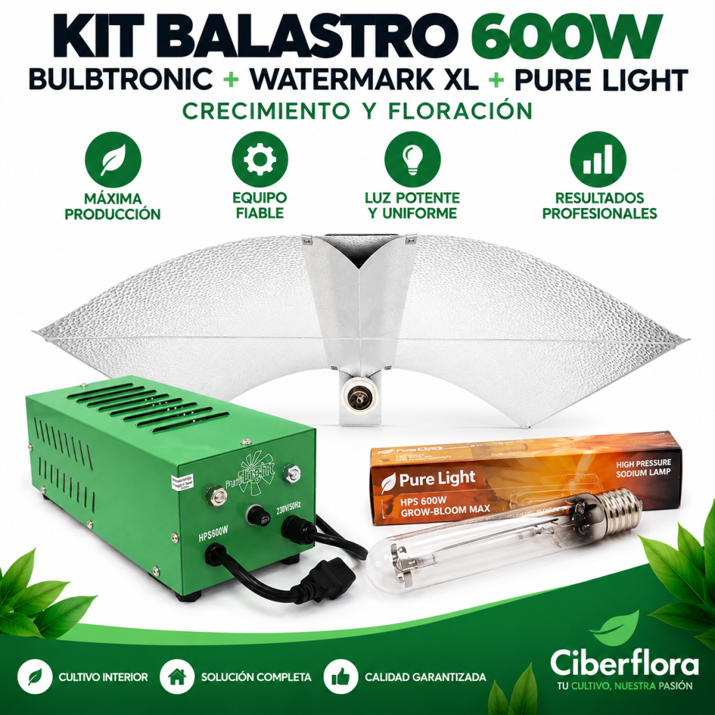 KIT BALASTRO PURE LIGHT 600W CERRADO + REF WATERMARK XL + BOMBILLA PURE LIGHT GROW BLOOM MAX 600W