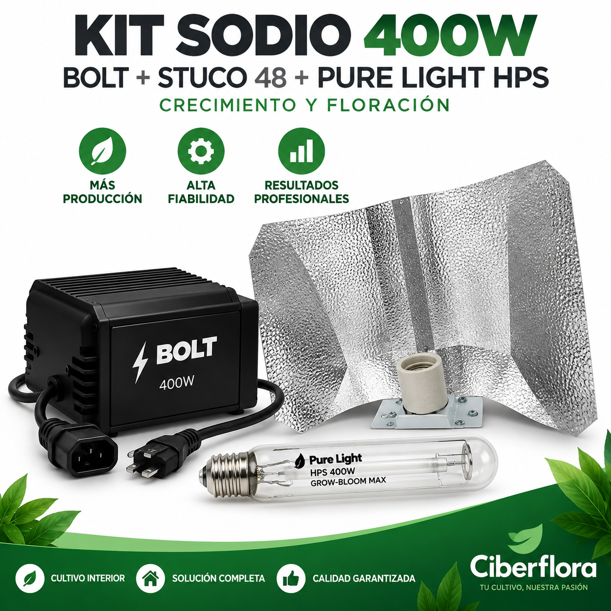 Kit Sodio 400W BOLT + Stuco 48 + Pure Light HPS Grow-Bloom Max